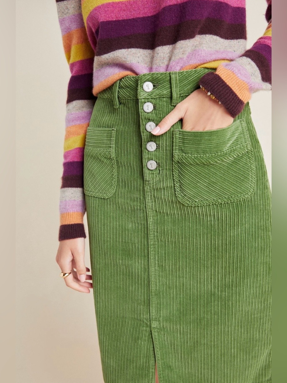 ANTHROPOLOGIE Pilcro And The Letterpress Green Corduroy Pencil Skirt Size 4 - Picture 2 of 14